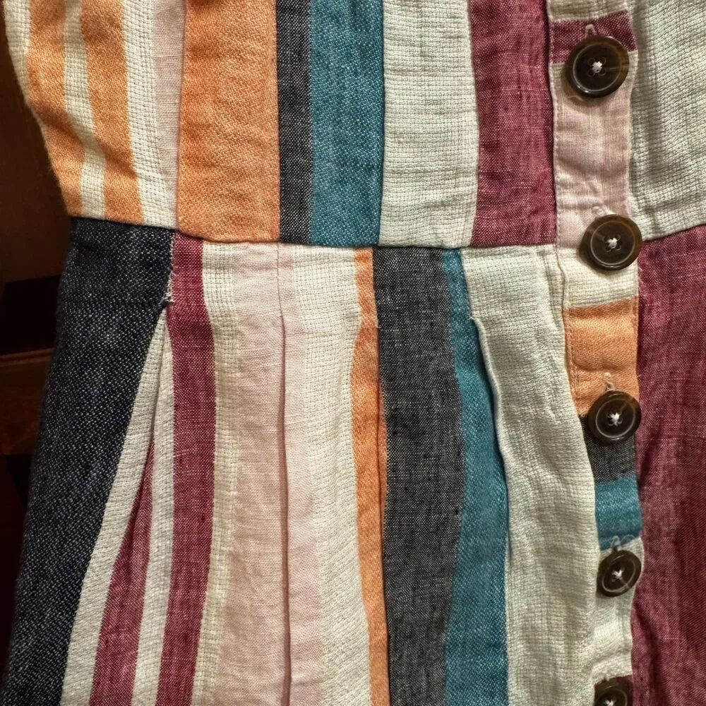 J.Crew 100% Linen Striped Midi Dress Ruffle Strap Button Front No Belt Size 2